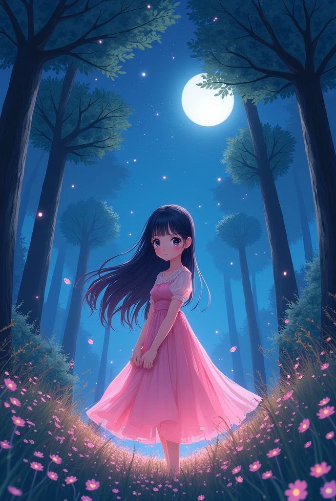 Cute anime girl and beautiful night and beautiful trees and pink dress and hinata creator