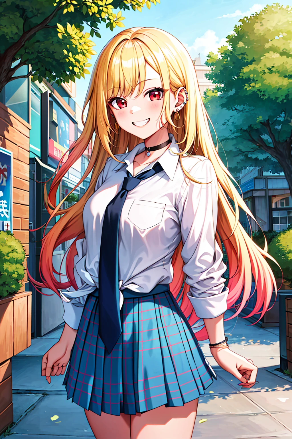 masterpiece, best quality, highres, kitagawa marin, 1girl, blonde hair, long hair, multicolored hair, red eyes, jewelry, earrings, piercing, school uniform, white shirt, tied shirt, black choker, blue necktie,((( blue plaid skirt))), leaning forward, grin, peace sign