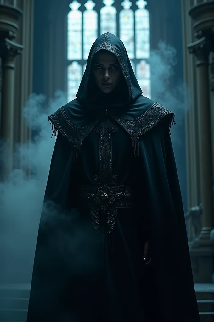 a cinematic, high-contrast photograph of a mysterious, evil angel with piercing, crimson eyes, dressed in a flowing, tattered black hooded cloak with intricate, silver trim, standing in a dimly lit, Gothic-inspired cathedral with stained glass windows filtering shafts of eerie, blue-gray light, set against a dark, ominous, mist-shrouded background, with subtle, atmospheric smoke wafting around the angel's imposing figure, emphasizing its powerful, malevolent presence.