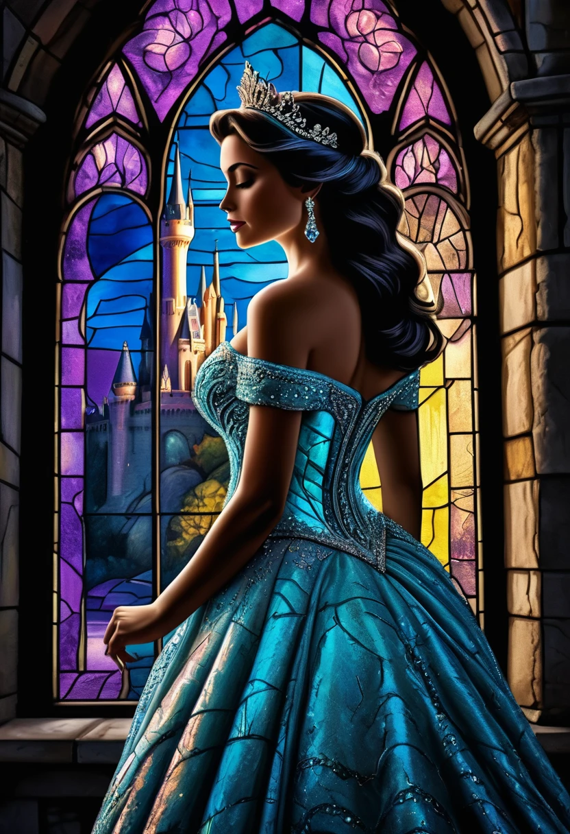 1Bridal Clothing, ((Silhouette Art)), (Double contact:1.5), close up, Face Focus, (Blue Moon;1.4) Cinderella Castle, Effects of Alexandrite, promote, complicated, (best quality, masterpiece, representative work, Official Art, professional, Stained glass background:1.3)