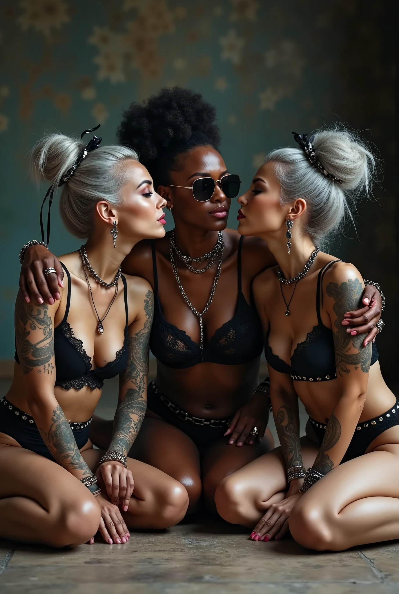 Three russian old milf women: the dominant dark skinned gipsy woman in afro hair, squatting with possessive stance (arms around her two girlfriends' necks). At her feet, sitting on the ground,her two caucasian girlfriends groping each other: submissive and needy, feeling defeated, in laid back postures spreading her legs with hands touching their thongs, heads tilted and looking at each other with arched backs, wide open legs. different clothes but all wearing clothes in rock chic style. Black opaque stockings, grey hair (bouffant, top bun) and oversized square sunglasses as headbands. Big lips. Black lace push up bras, silicone breasts,, low rise black lace thongs. Barefoot.. Lots of thick wide studded bracelets, chain necklaces and big rings,. Long earrings with chains and feathers. Chains around their hips. Lounging lazily on the ground with bended knees, separated legs and arched backs. Lazy, leaning back, laid back pose, separated legs. Neck, chest, stomach, feet, hands, arms and wrists heavily tattoed. Toned abdominals, thin neck, slim legs and thin arms. Narrow hips. Both, open legs. Full body. Luxury apartment decorated in Scandinavian style in NYC