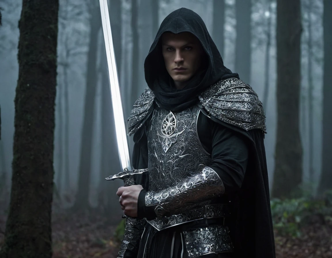 Create a dark fantasy image of a mysterious and powerful warrior named Talis Morgen. He should be dressed in black and silver armor with thin and graceful elements., decorated with mystical symbols. His face is partially hidden under a hood., but his sharp features and the penetrating gaze of his light-gray eyes are visible. A dark cloak flutters behind him., on which ancient runes are engraved. He holds a long one in his hands., a silver-plated sword with a slight bluish glow. The background of the image is dark, Misty Forest, illuminated by dim moonlight, adding mystery. The atmosphere should be filled with a sense of strength and wisdom., coming from this character, pixel graphics