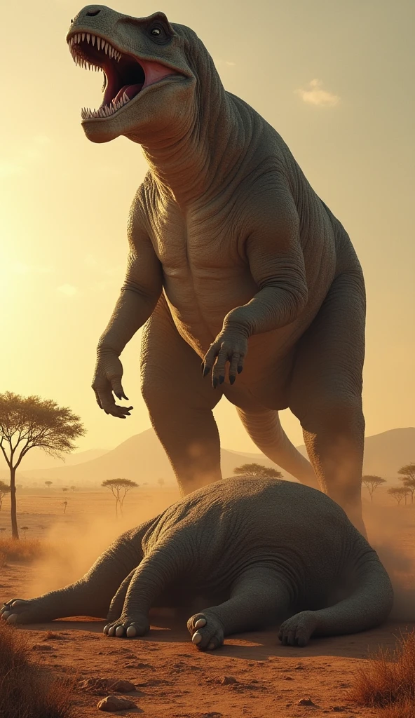  A powerful, massive brachiosaurus stands triumphantly on a dusty African savanna, with one massive paw resting on the lifeless body of an elephant. The brachiosaurus's skin is rugged and textured, with hints of battle scars. The elephant lies sprawled on the ground, and stained with dirt, eyes closed in death. The brachiosaurus's mouth is open in a fierce roar, showcasing its dominance. The background is a vast, dry African landscape, with sparse vegetation, distant acacia trees, and a golden-orange sunset casting long shadows on the ground