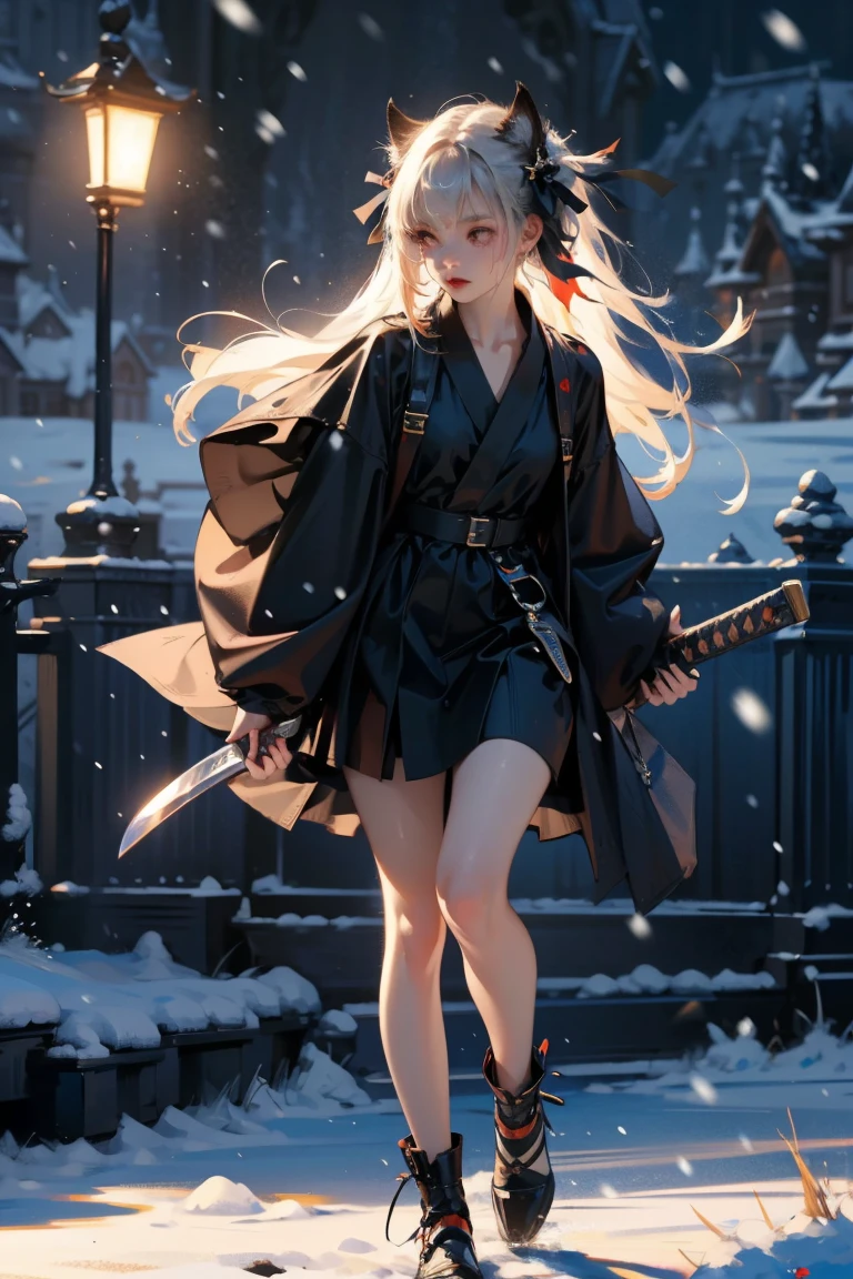 uhd, textured skin, good quality, High details, masterpiece, best quality, high detail face, (Amazingly absurd:1.2), (masterpiece:1.2), fluffy, 1 Girl, Dragon ears, Dress with ruffles, glowing eyes, shining hair , Whole body love, very long hair, hair ribbon, black kneesocks, full body, Kawaiitech, soft colours, Kawaii, Beautiful colors, (Snow:1.5), (Wet:1), (Night:2), (Landscape:2), battojutsus, (holding Katana:1.5),