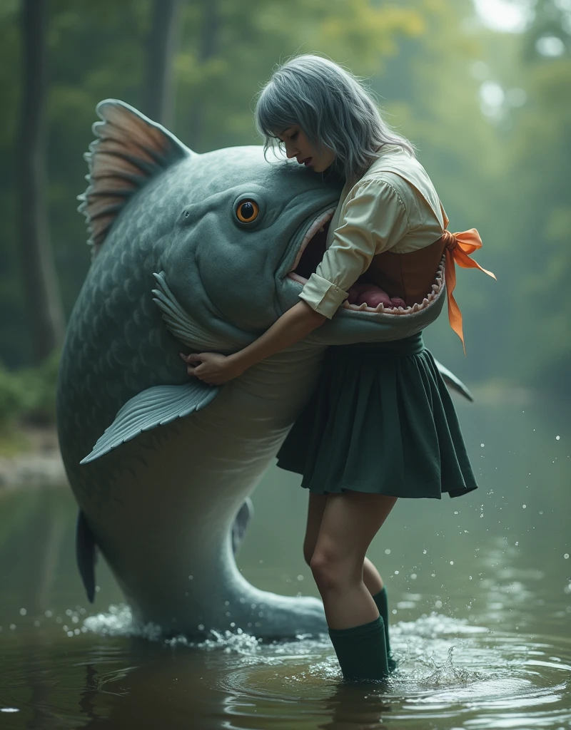 ((Highest quality)), ((masterpiece)), (forest pond), (((Gray female pigeon))), 巨大なcatfishが口の中でGray female pigeonを食べている, The female pigeon is frightened, 大きく口を開いているGray female pigeonがオフホワイトで襟付きの半そでシャツに薄茶色のベストを着てひざ丈の黒いスカートに濃い緑の靴下と黒の靴を履いている, 筋肉質なGray female pigeon, Photorealistic images,