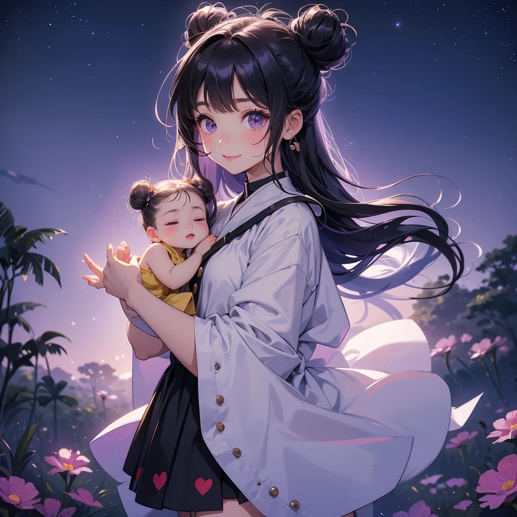 A chibi  girl had a small face and wearing a little tourist priest’s outfit, a pair of big round eyes shone with curiosity about him. This childso cute, her hair is black with buns on her hair. Small chibi , chibi baby, smil, chibi. 

Background is a dark moonless night, with dry trees in the background, and purple glowing light