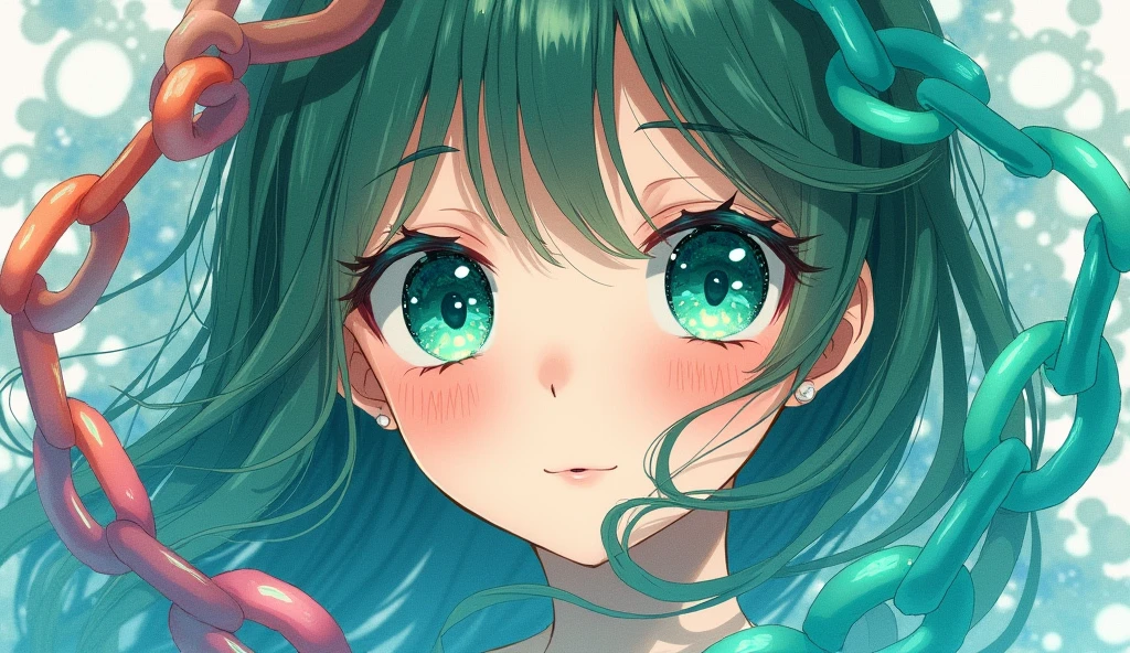 dreamlike anime art of a beautifyl girl with shining green ocean eyes,desktop wallpaper , Apply paint to the chain and nail it to the canvas, Aesthetic colors created by colorful chain shapes, Meaningless illustrations, Exquisite balance and harmony of colors, Cryptic watercolor style, Transparency like glass, Simply beautiful... A world that leaves viewers speechless 4k ultra high resolution wallpaper