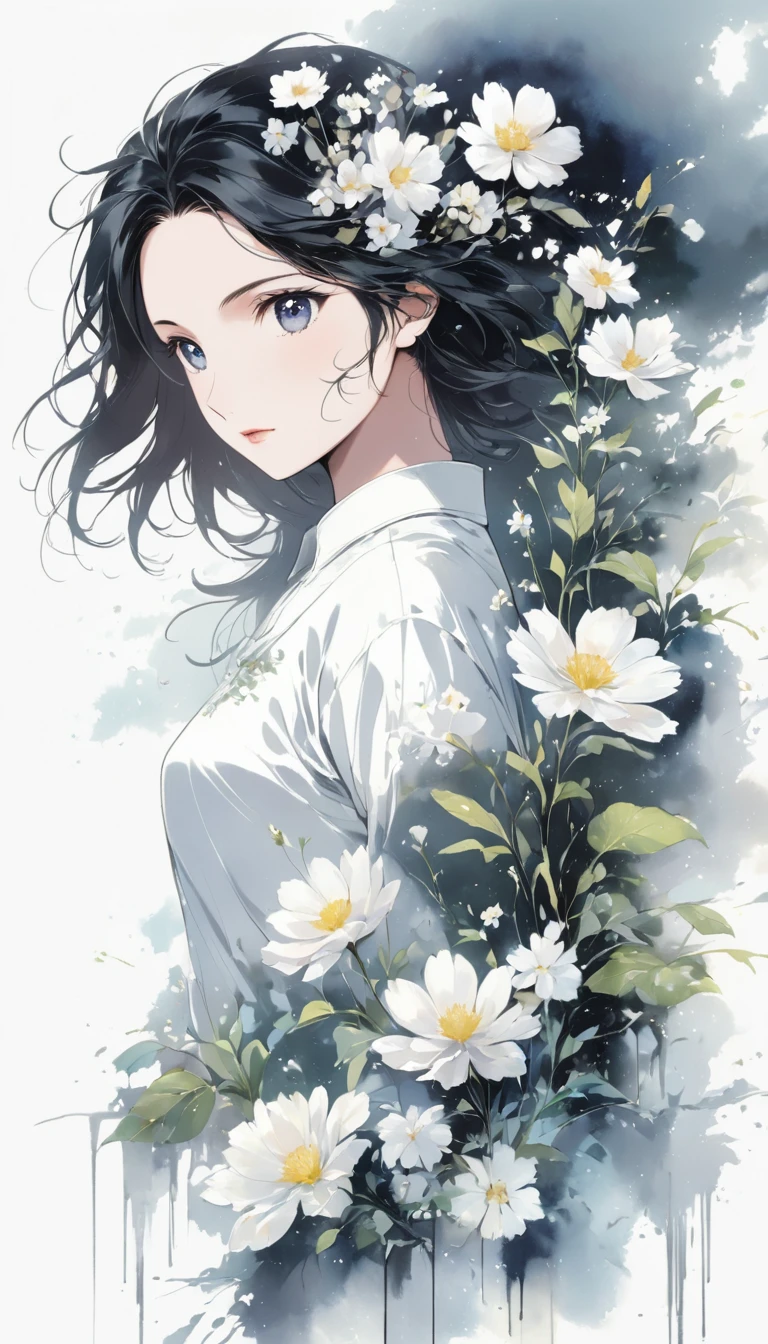 Beautiful young woman with delicate Oriental features (Anime line drawing:1.5)，(black and white painting:1.45)，minimalism，(line art:1.6)，outline，Charcoal drawing，mask，flowers, with paint splattering around with paint dripping down the bottom, innovative enhanced artwork rich in detail