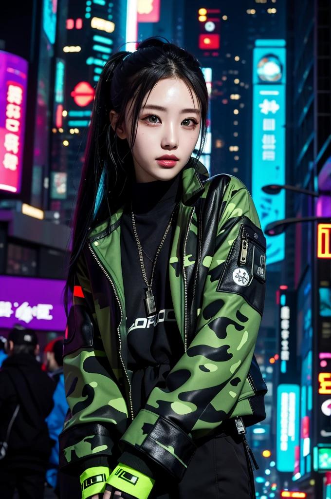 The ultimate beautiful girl、Cyberpunk Style、Food、High-tech camouflage、See who's watching、Rain-soaked New York street、The city's neon lights reflect off the wet road、Very beautiful scenery、aura、Sparkling crystals of light、Light and shadow contrast、Fantasy、Artistic、mysterious、A delicate, shiny long ponytail、Delicate grey-blue eyes、Thick long eyelashes、Glossy Lips、Delicate beautiful skin、8S-shaped body type、High definition、Ultra-realistic、Vibrant professional photos、
