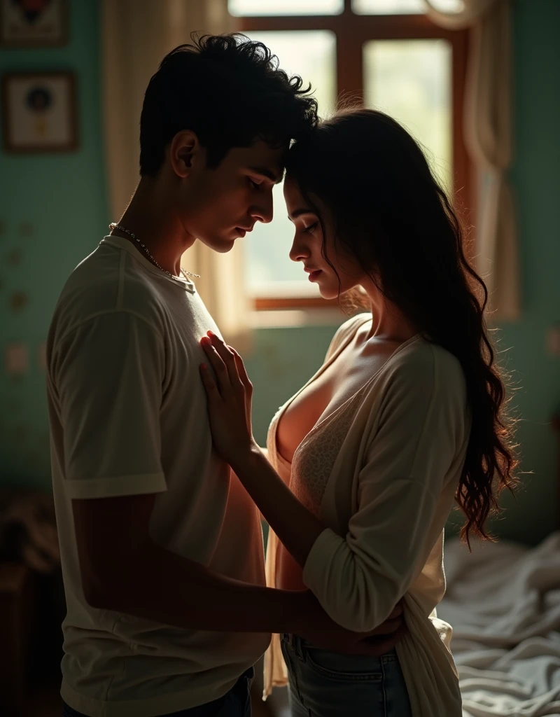 ultra real, 4k, realistic image, young indian brother and his sister having secret affair in school. sister wearing open shirt, boy pressing her breast with his hand, in their simple home bedroom