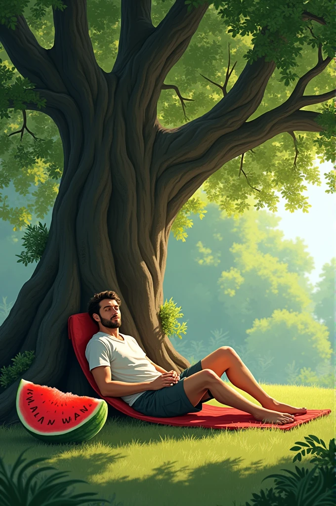 A man lying under a banyan tree and a watermelon