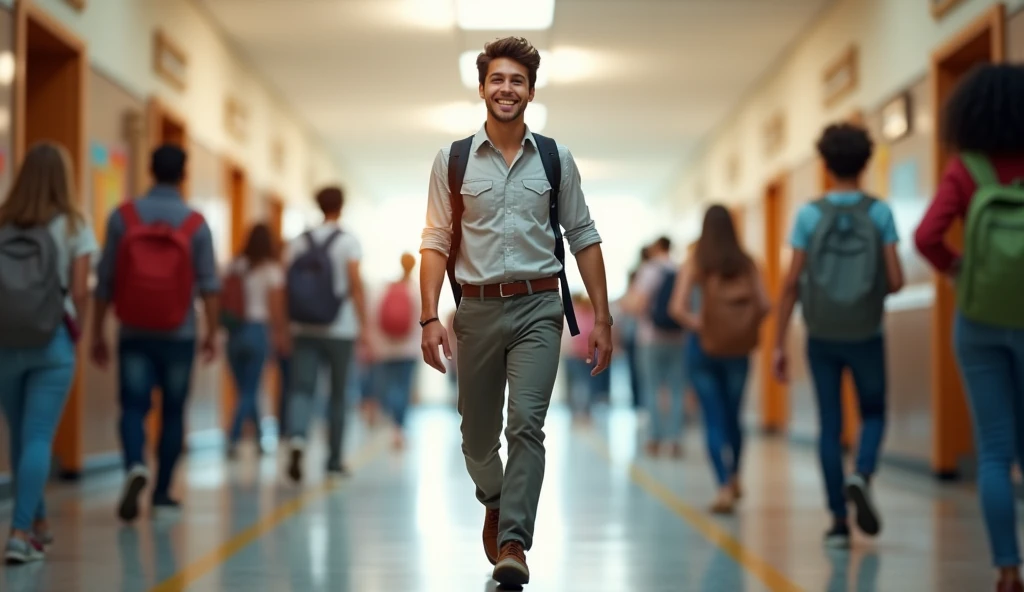 A student confidently walking through a school hallway, wearing smart casual attire and a backpack over one shoulder. The student smiles, exuding charisma, as classmates glance admiringly, showcasing their popularity.