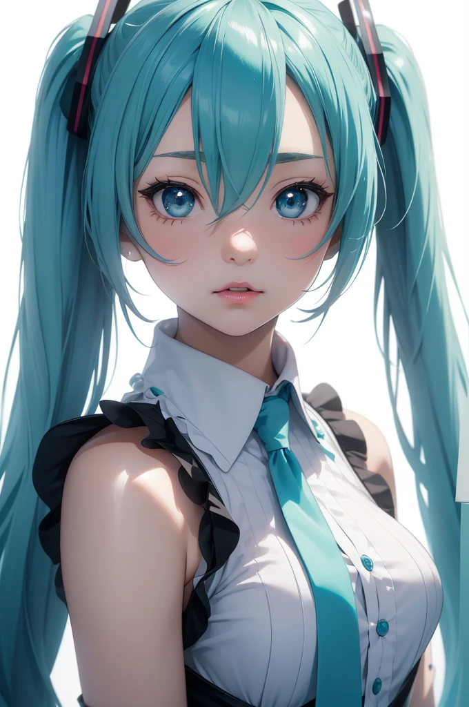 miku hatsune、absurderes、hight resolution、ultra-detailliert、Bust-up shot、(1girl in:1.3)、portrait shooting、with a pure white background、Beautiful hair with soft transparency、Cute big eyes with little power、Attractive mouth、makeups、Striking red lips、Dramatic Lighting、Although she is a little provocative、He looks at me with a very soft smile.Highly detailed Hatsune Miku costumes