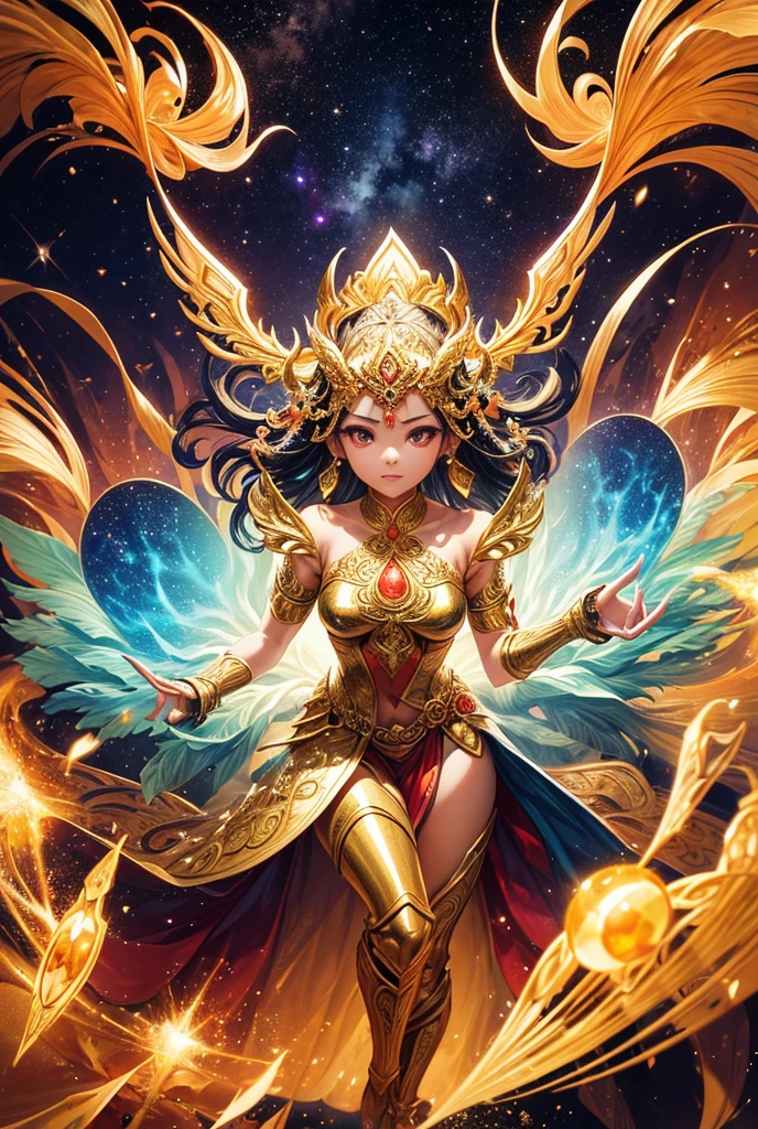 Create an image that closely resembles the reality and beauty depicted in the provided image. The image should feature a figure that appears to be inspired by traditional Thai mythology, with intricate golden armor and a vibrant, multicolored background that suggests a cosmic or otherworldly scene. The figure should have a fierce expression and be holding a bow, with dynamic energy or light radiating from it to enhance the fantastical element of the composition.