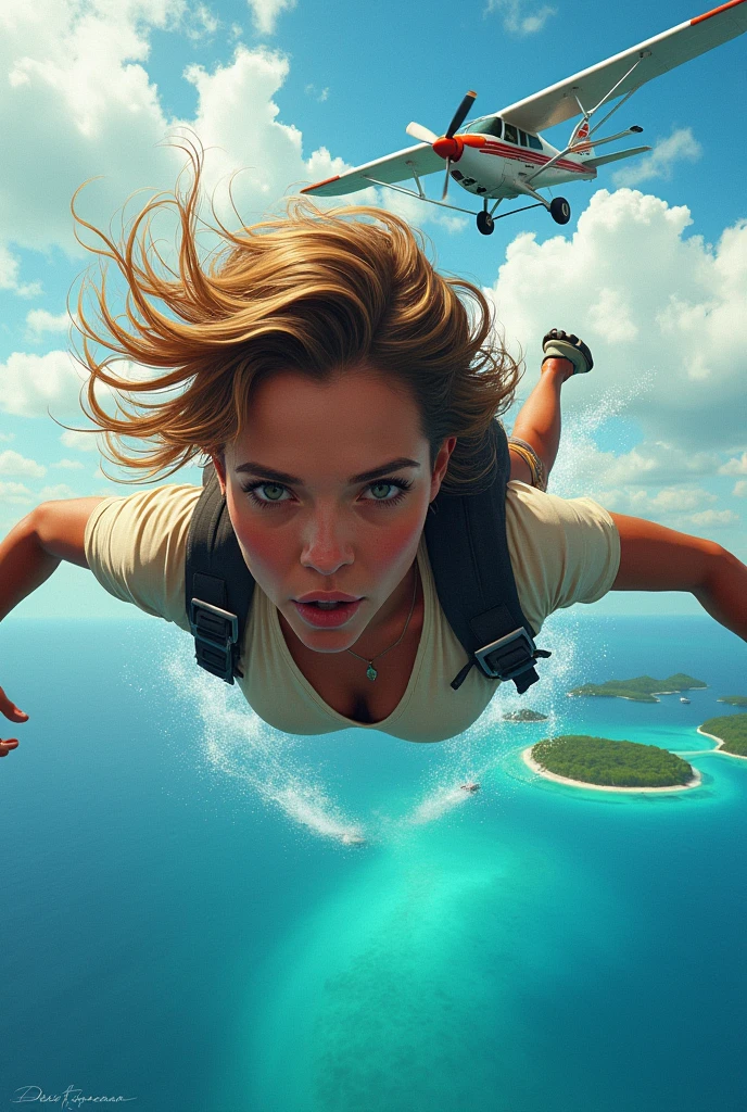 Create an illustration with an artistic style of a woman who jumps out of a small plane very close to Los Roques and you can see the wind hitting her face hard..