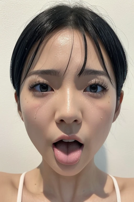 Japanese women、４０Year、short hair、(Face close-up)、Smooth Skin、masterpiece、Highest quality、8K Photo、((close your eyes and open your mouth slightly))、close your eyes、Suffering face、(Wrinkles around the eyes:1.2)、length, Pointed nose,,,,,,,,,,,,,,,Strong Nose、length, Narrow nostrils、Skin shiny with sweat、Lighting that highlights shiny sweat{Realistic nostrils}, Black-haired、((In front of a white wall))、Tank top、(Super wet skin),((Ahegao,Sticking out a long tongue))(Close enough to kiss)、The tongue is moist、Photographed from the front、anger