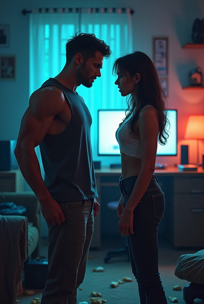 A muscular gamer boy and her girlfriend angry on him