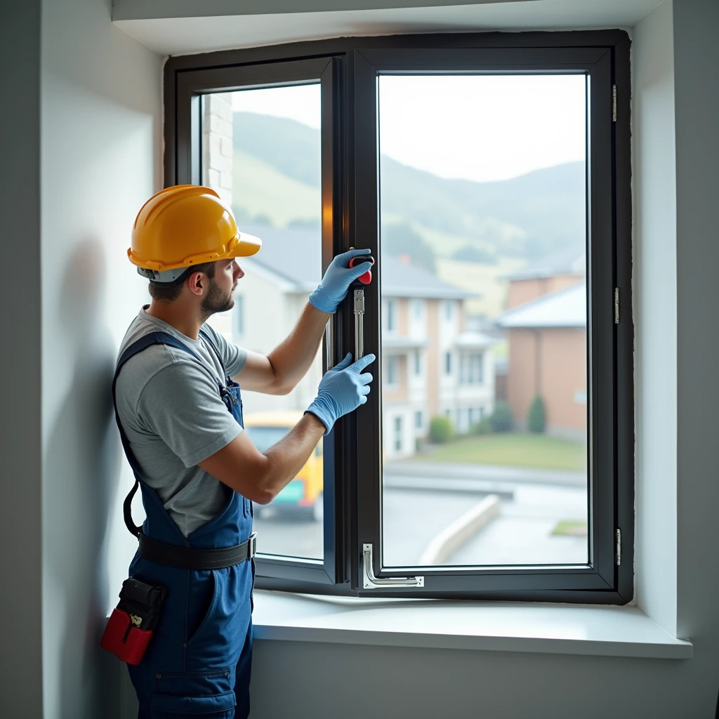 A professional and realistic image showcasing a technician replacing window hardware components on a modern window. The technician is installing a new set of window fittings, including handles, hinges, and locks, using appropriate tools. The scene is clean and well-organized, with the technician carefully aligning and securing the hardware. The modern window is prominently featured, with a clear view to the outside, emphasizing the precision and quality of the installation. The overall atmosphere conveys expertise and reliability in window maintenance and installation services.