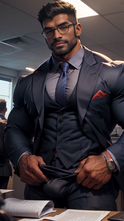 Front open Office suit and showing hairy chest close up focus on holding by hand wetty bulge indian perfect wetty big hairy monster bulge in pant, masterpiece