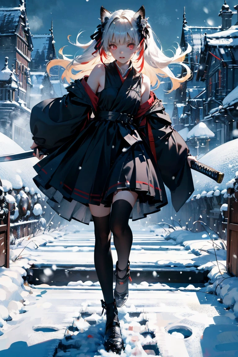 uhd, textured skin, good quality, High details, masterpiece, best quality, high detail face, (Amazingly absurd:1.2), (masterpiece:1.2), fluffy, 1 Girl, Dragon ears, Dress with ruffles, glowing eyes, shining hair , Whole body love, very long hair, hair ribbon, black kneesocks, full body, Kawaiitech, soft colours, Kawaii, Beautiful colors, (Snow:1.5), (Wet:1), (Night:2), (Landscape:2), battojutsus, (holding Katana:1.5),