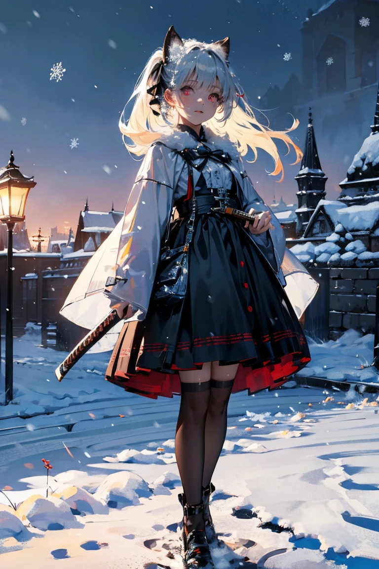 uhd, textured skin, good quality, High details, masterpiece, best quality, high detail face, (Amazingly absurd:1.2), (masterpiece:1.2), fluffy, 1 Girl, Dragon ears, Dress with ruffles, glowing eyes, shining hair , Whole body love, very long hair, hair ribbon, black kneesocks, full body, Kawaiitech, soft colours, Kawaii, Beautiful colors, (Snow:1.5), (Wet:1), (Night:2), (Landscape:2), battojutsus, (holding Katana:1.5),