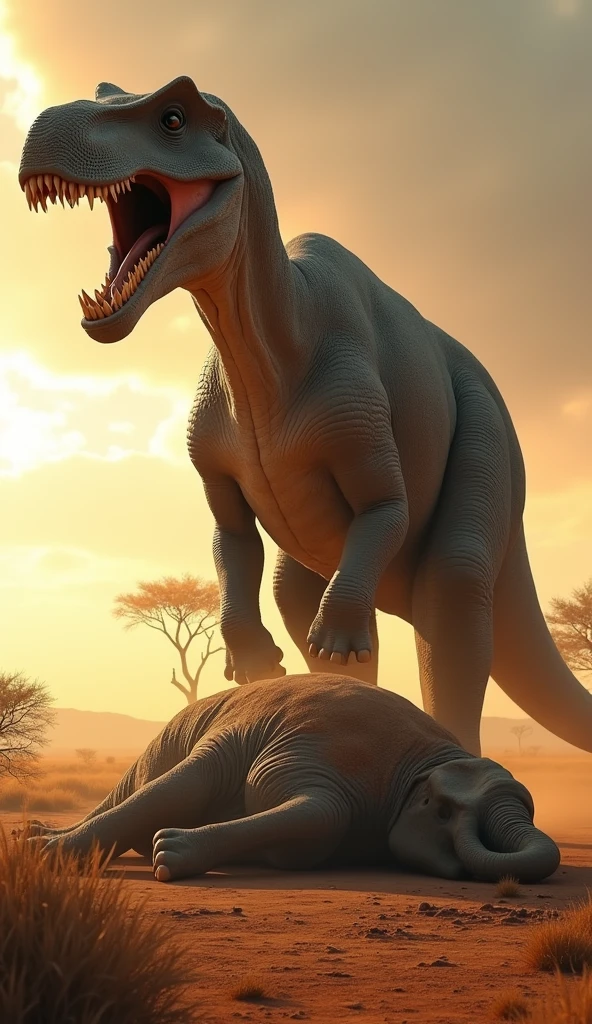 A powerful, massive brachiosaurus stands triumphantly on a dusty African savanna, with one massive paw resting on the lifeless body of an elephant. The brachiosaurus's skin is rugged and textured, with hints of battle scars. The elephant lies sprawled on the ground, and stained with dirt, eyes closed in death. The brachiosaurus's mouth is open in a fierce roar, showcasing its dominance. The background is a vast, dry African landscape, with sparse vegetation, distant acacia trees, and a golden-orange sunset casting long shadows on the ground
