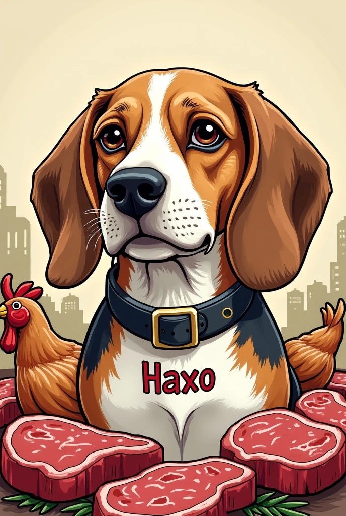 Un vieux beagle qui est entouré de nourriture (poulets, steaks, etc) . Avec un collier écrit haxo. En version manga.