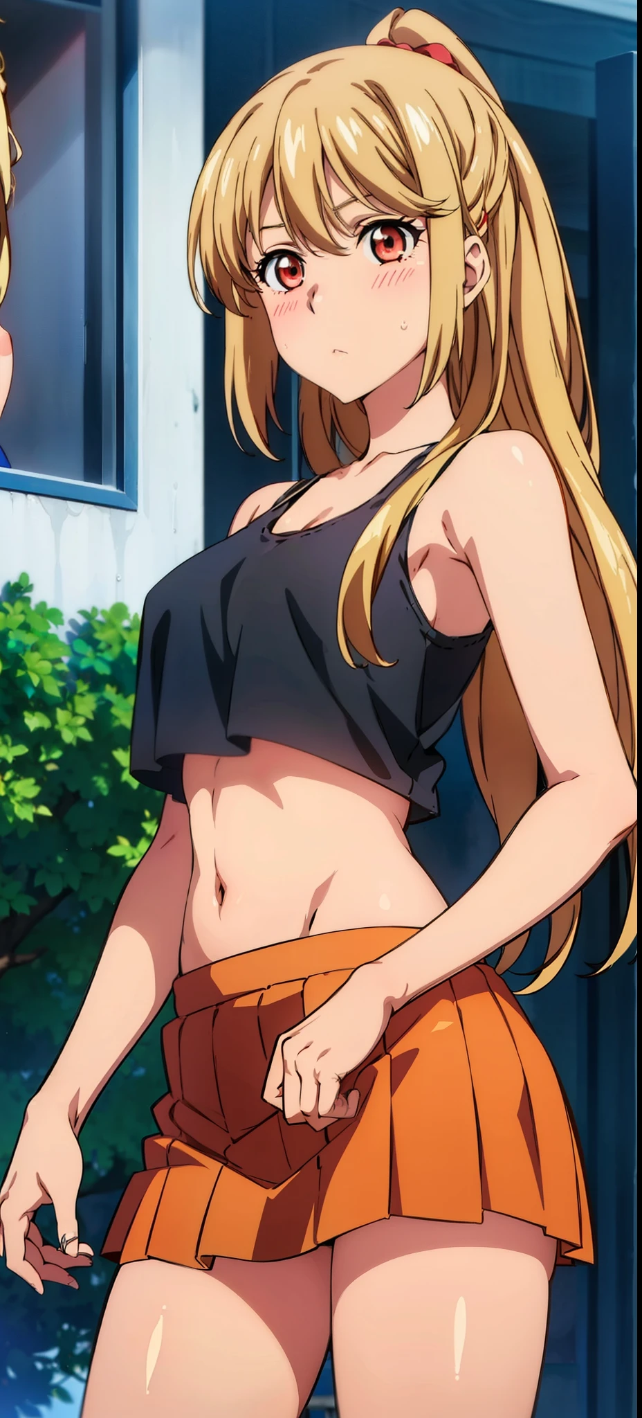 1 girl,Asagi, standing,masterpiece, cowboy_shot, red eyes, healthy skin, blushed, 20-year-old, street, cropped tank top, skirt, navel, midriff ,golden hair, long hair 