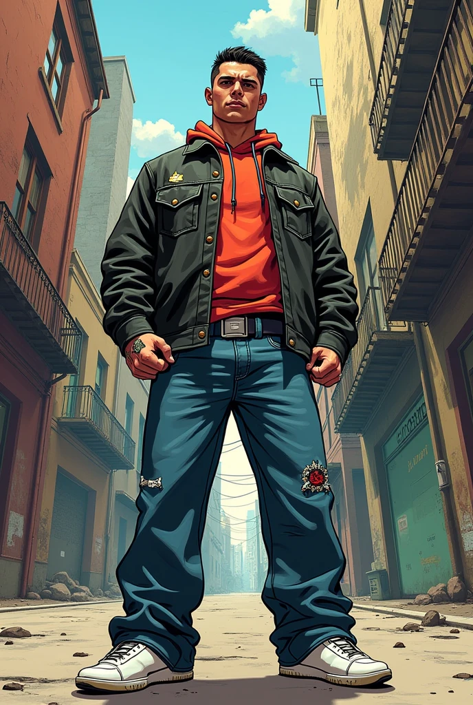 Cholo attire, mexican gang, 1guy, baggy jeans short, white socks, American Superhero Comic-style