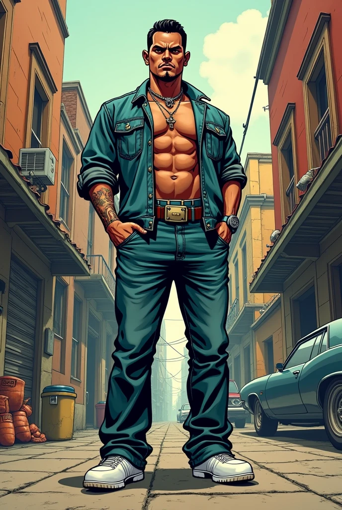 Cholo attire, mexican gang, 1guy, baggy jeans short, white socks, American Superhero Comic-style