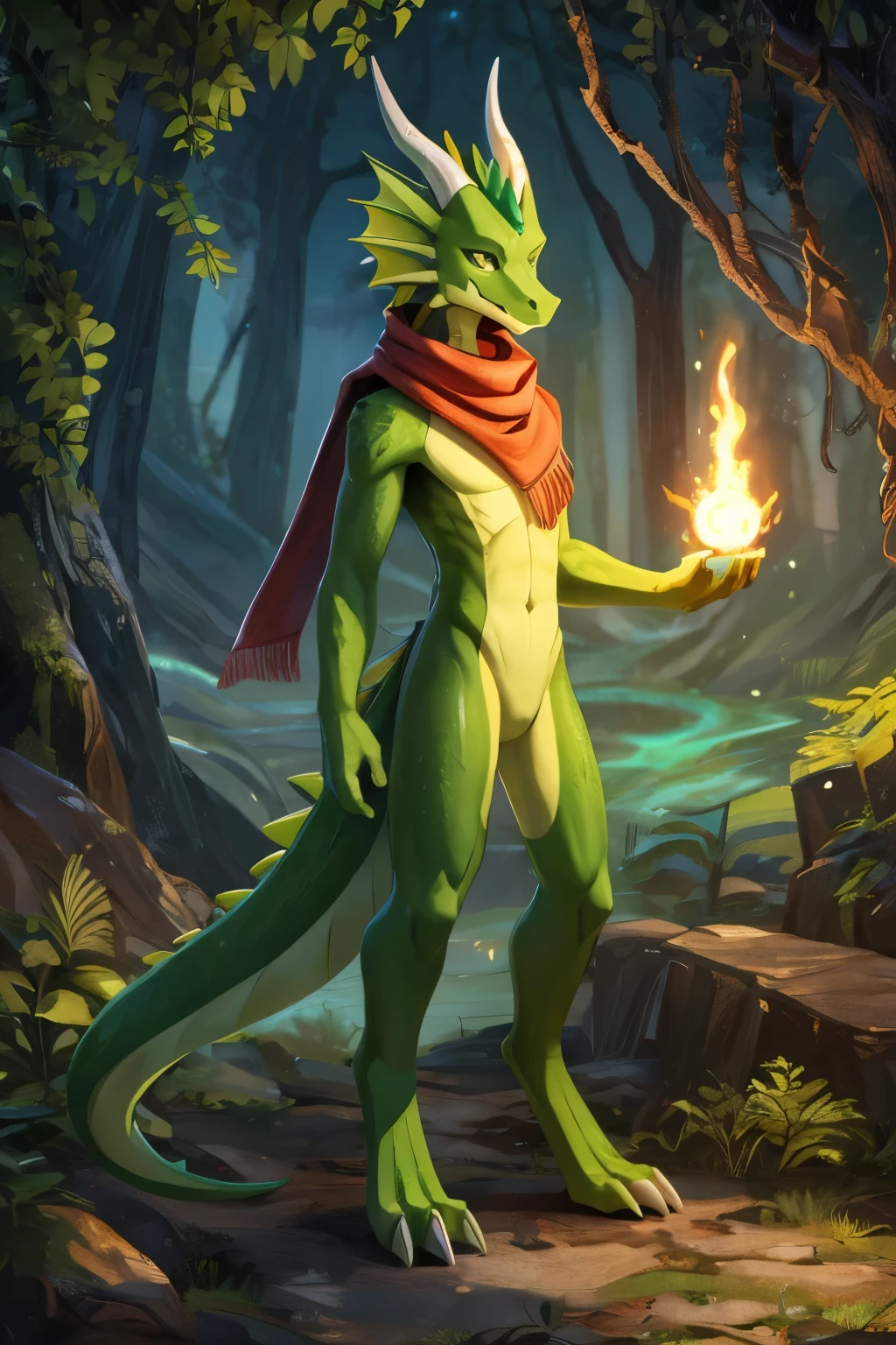 (anime), (front facing), (looking at the camera), slim furry green and lime dragon using old magic, green main body color, smooth skin, very long muzzle, neck and tail fur, digitigrade, creative horns, feathers, gradients, (wearing only a scarf), nature background, full body