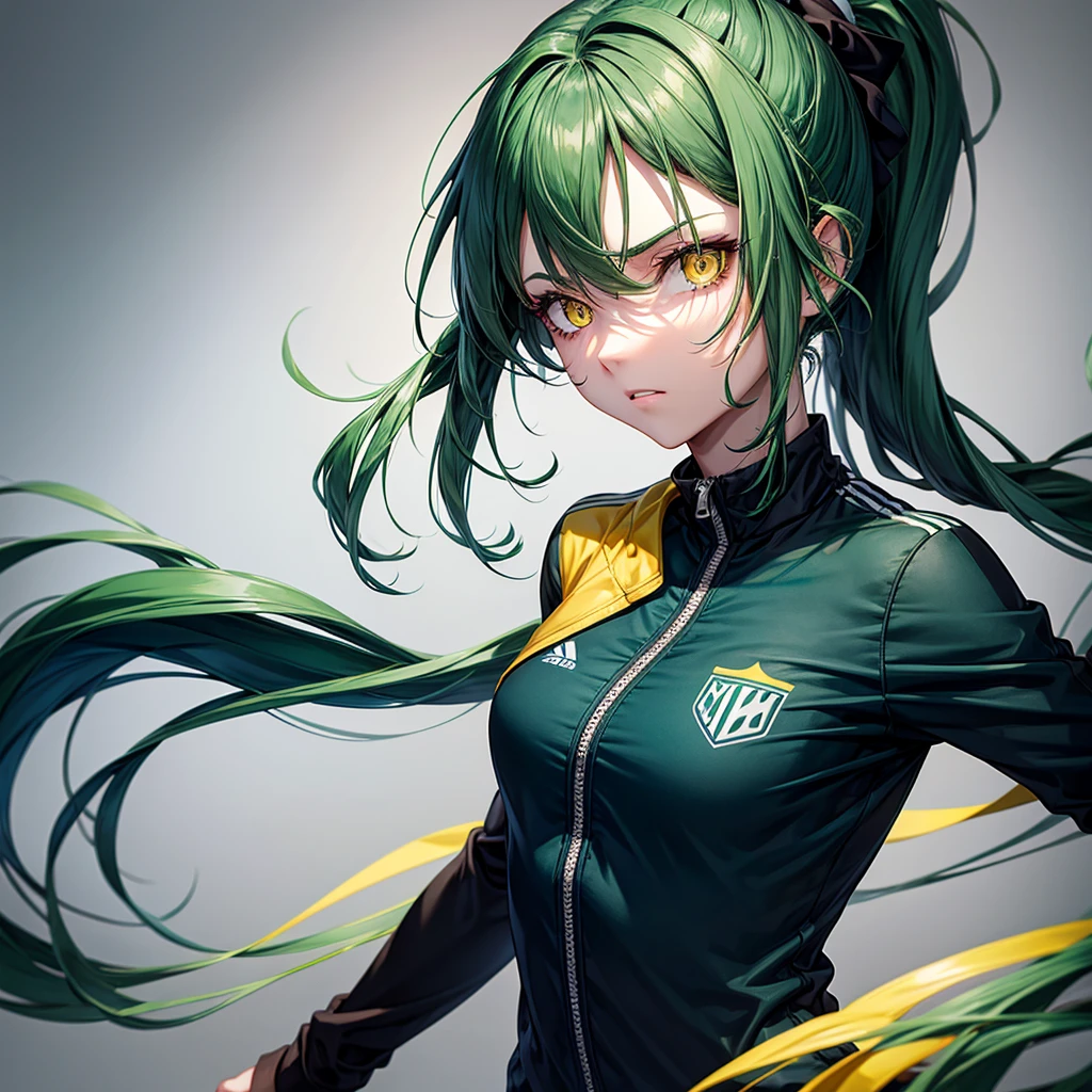 1girl, Solo, long dark green hair, Ponytail, burn scars on face, dark blue tracksuit, Simple background, Yellow Eyes, Anatomically Correct, Looking at viewer