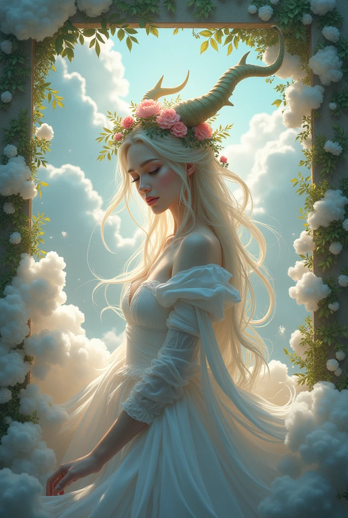 (masterpiece), (Excellent), (Extremely detailed), White Dew, square, audience, Dragon Tail Horn, Upper Body, Flowers, ribbon, cloud,