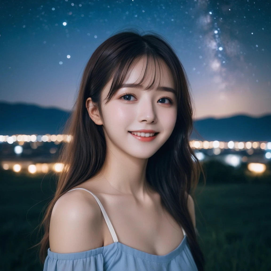 1 girl, Starry Sky,night, shooting star,Upper Body,close,smile,, (8k, RAW Photos, Highest quality, masterpiece:1.2),(Realistic, photo-Realistic:1.37),