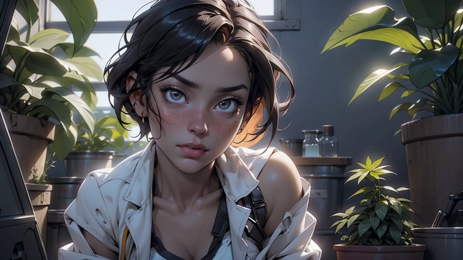 a beautiful 1 girl with ultra-fit six-pack abs, open white lab coat, no bra, cannabis laboratory, surrounded by cannabis plants, detailed face and body, photorealistic, 8k, dramatic lighting, cinematic composition, intricate details, vibrant colors, sublime atmosphere, dynamic pov