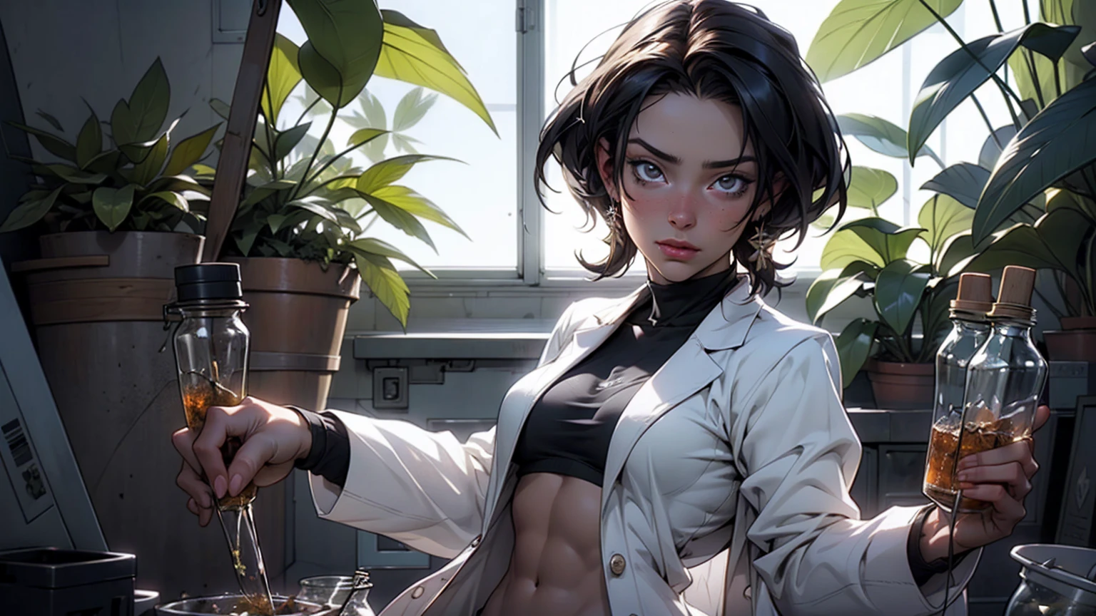 a beautiful 1 girl with ultra-fit six-pack abs, open white lab coat, no bra, cannabis laboratory, surrounded by cannabis plants, detailed face and body, photorealistic, 8k, dramatic lighting, cinematic composition, intricate details, vibrant colors, sublime atmosphere, dynamic pov