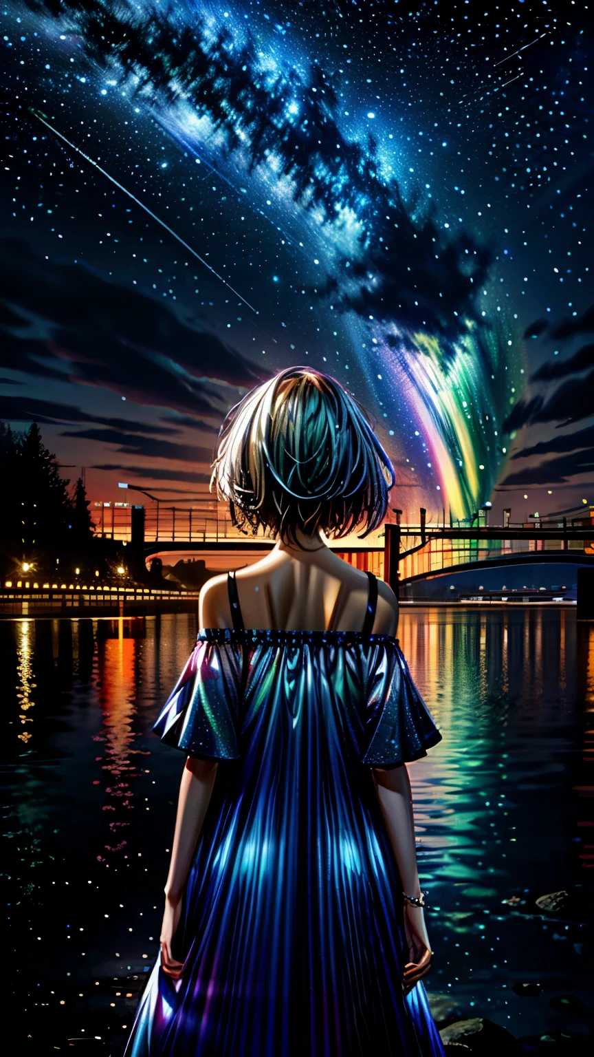 Girl in a glowing dress, The girl is far from the viewer、Depicting a girl smaller、distant girls has FineSkin staring at the performer, (Zoom out:1.3), (Dazzling meteor shower:1.2), (comet:1.1), yourname, Low - Angle, From behind, Aloura Borealis, shooting star, cherry blossoms, Standing on the River,Highest quality, masterpiece, cloud,colorful, Starry sky,performer . (Accutance:0.85),(RAW Photorealism and Hyperrealism:1.37), Rainbow colors、Cinema poster with sky as the main focus