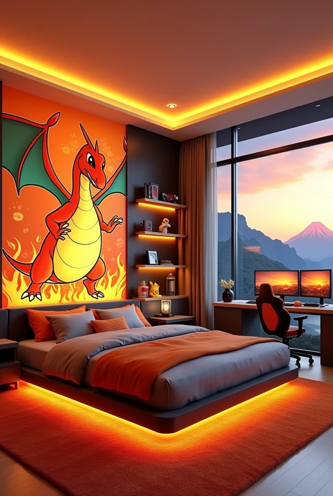 Digital illustration of a luxurious Pokémon-themed bedroom with a fiery Charizard motif:
Room layout:

Spacious, modern bedroom with a panoramic window view
Warm color palette dominated by oranges, reds, and yellows

Central focus:

Large, dynamic mural of Charizard on the left wall
Charizard surrounded by realistic flame effects

Bed:

King-sized platform bed with built-in LED lighting underneath
Orange and grey bedding with multiple pillows
Positioned against the left wall, beneath the Charizard mural

Window and view:

Floor-to-ceiling windows on the right, offering a view of a sunset over a mountain landscape
Mount Fuji-like volcano visible in the distance, mirroring the fiery theme

Desk area:

Modern L-shaped desk setup near the window
Dual monitor display showing volcanic landscapes
Gaming chair in orange and black
Various gaming peripherals visible

Lighting:

Warm ambient lighting throughout the room
LED strip lighting in the dropped ceiling, emitting an orange glow
Backlit shelving and under-bed lighting

Color scheme:

Predominant use of warm tones: oranges, reds, and yellows
Accents of grey and black for contrast

Flooring:

Light wooden flooring
Large, plush orange rug under the bed

Additional Pokémon elements:

Pikachu and Charmander plush toys on the shelving unit
Poké Ball-themed accessories and decorations

Tech and entertainment:

Modern gaming setup with multiple screens
Visible gaming consoles and controllers

Atmosphere:

Cozy yet luxurious gaming and Pokémon fan's retreat
Warm, inviting ambiance with a touch of excitement from the fiery theme

Style:

Photorealistic 3D rendering with attention to lighting and textures
Sharp details on the Charizard artwork and room elements
Emphasis on the interplay of light and shadow

Perspective:

Wide-angle view of the room from a slight elevation, capturing all key elements

Image quality:

High resolution with crisp details
Focus on realistic lighting effects, especially the glow from various light sourc