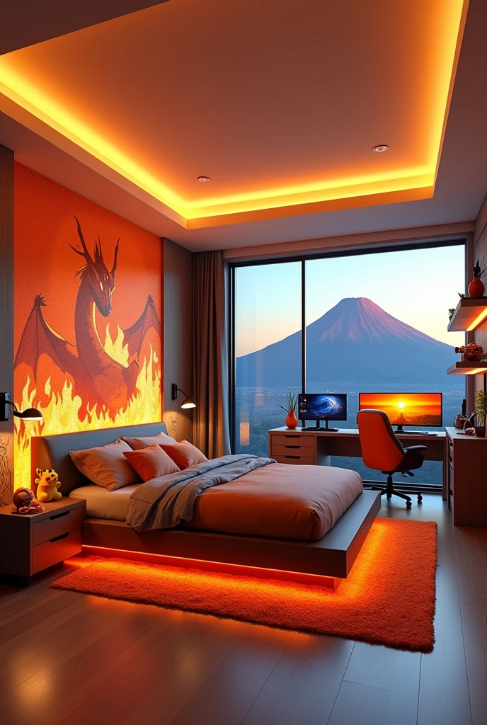 Digital illustration of a luxurious Pokémon-themed bedroom with a fiery Charizard motif:
Room layout:
Spacious, modern bedroom with a panoramic window view
Warm color palette dominated by oranges, reds, and yellows
Central focus:
Large, dynamic mural of Charizard on the left wall
Charizard surrounded by realistic flame effects
Bed:
King-sized platform bed with built-in LED lighting underneath
Orange and grey bedding with multiple pillows
Positioned against the left wall, beneath the Charizard mural
Window and view:
Floor-to-ceiling windows on the right, offering a view of a sunset over a mountain landscape
Mount Fuji-like volcano visible in the distance, mirroring the fiery theme
Desk area:
Modern L-shaped desk setup near the window
Dual monitor display showing volcanic landscapes
Gaming chair in orange and black
Various gaming peripherals visible
Lighting:
Warm ambient lighting throughout the room
LED strip lighting in the dropped ceiling, emitting an orange glow
Backlit shelving and under-bed lighting
Color scheme:
Predominant use of warm tones: oranges, reds, and yellows
Accents of grey and black for contrast
Flooring:
Light wooden flooring
Large, plush orange rug under the bed
Additional Pokémon elements:
Pikachu and Charmander plush toys on the shelving unit
Poké Ball-themed accessories and decorations
Tech and entertainment:
Modern gaming setup with multiple screens
Visible gaming consoles and controllers
Atmosphere:
Cozy yet luxurious gaming and Pokémon fan's retreat
Warm, inviting ambiance with a touch of excitement from the fiery theme
Style:
Photorealistic 3D rendering with attention to lighting and textures
Sharp details on the Charizard artwork and room elements
Emphasis on the interplay of light and shadow
Perspective:
Wide-angle view of the room from a slight elevation, capturing all key elements
Image quality:
High resolution with crisp details
Focus on realistic lighting effects, especially the glow from various light sourc