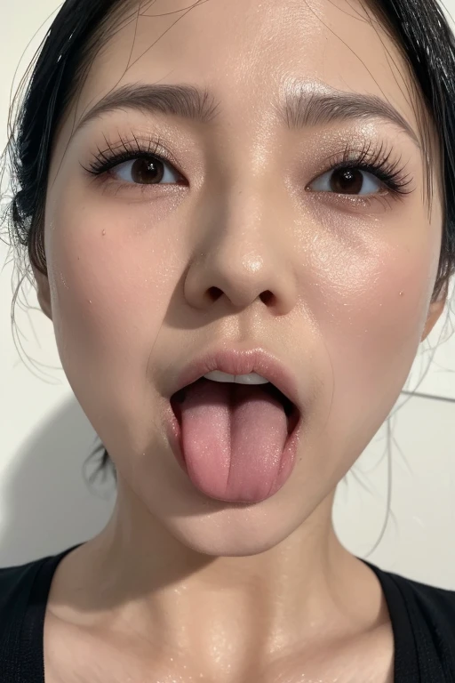 Japanese women、、Medium Hair、(Face close-up)、Smooth Skin、masterpiece、Highest quality、8K Photo、((close your eyes and open your mouth slightly))、close your eyes、Suffering face、(Wrinkles around the eyes:1.2)、length, Pointed nose,,,,,,,,,,,,,,,Strong Nose、length, Narrow nostrils、Skin shiny with sweat、Lighting that highlights shiny sweat{Realistic nostrils}, Black-haired、((In front of a white wall))、Tank top、(Super wet skin),((Ahegao,Sticking out a long tongue))(Close enough to kiss)、The tongue is moist、Photographed from the front、squint