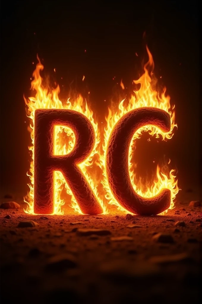 The alphabets R and also C written in bold italic font and are on fire
