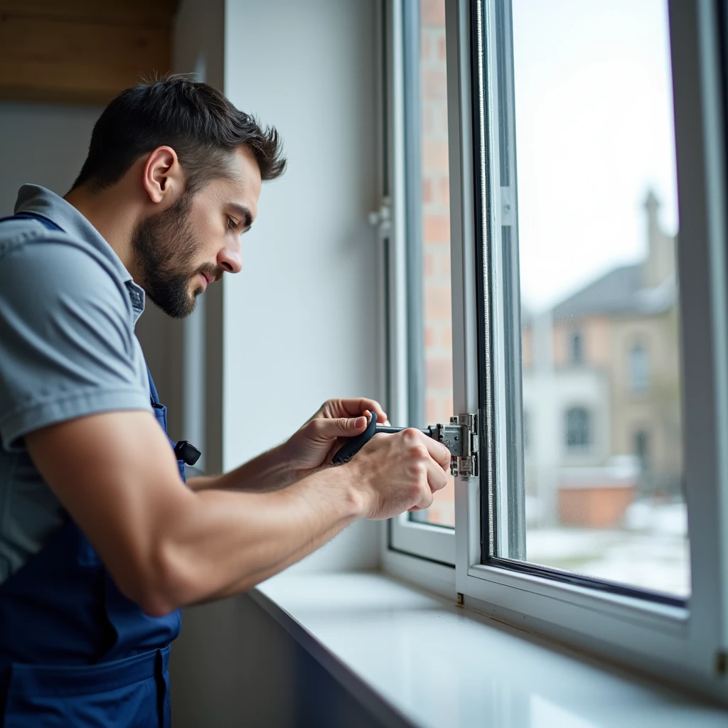 A professional and realistic image showcasing a technician replacing window hardware components on a modern window. The technician is installing a new set of window fittings, including handles, hinges, and locks, using appropriate tools. The scene is clean and well-organized, with the technician carefully aligning and securing the hardware. The modern window is prominently featured, with a clear view to the outside, emphasizing the precision and quality of the installation. The overall atmosphere conveys expertise and reliability in window maintenance and installation services.