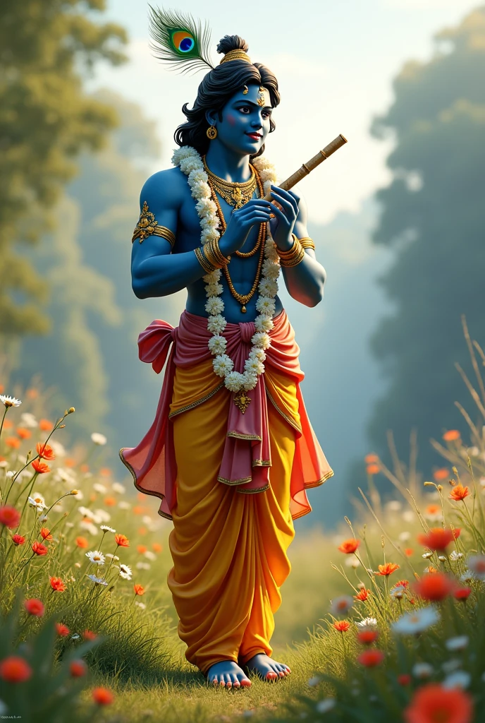 Adult Lord Krishna stands tall with a majestic presence, his dark blue complexion glowing under the sunlight. A peacock feather adorns his head, and he holds a flute . His neck is adorned with a garland of delicate white flowers, and his serene smile radiates divine bliss. Around him, the grass is dotted with vibrant flowers, enhancing the beauty of the tranquil scene.
