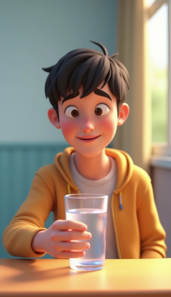 3D animation style image of the student finally placing the glass of water down on a desk or bench. The student's face shows a sense of relief, and the glass is now resting securely. The setting is simple, with soft lighting to convey a feeling of calm and resolution
