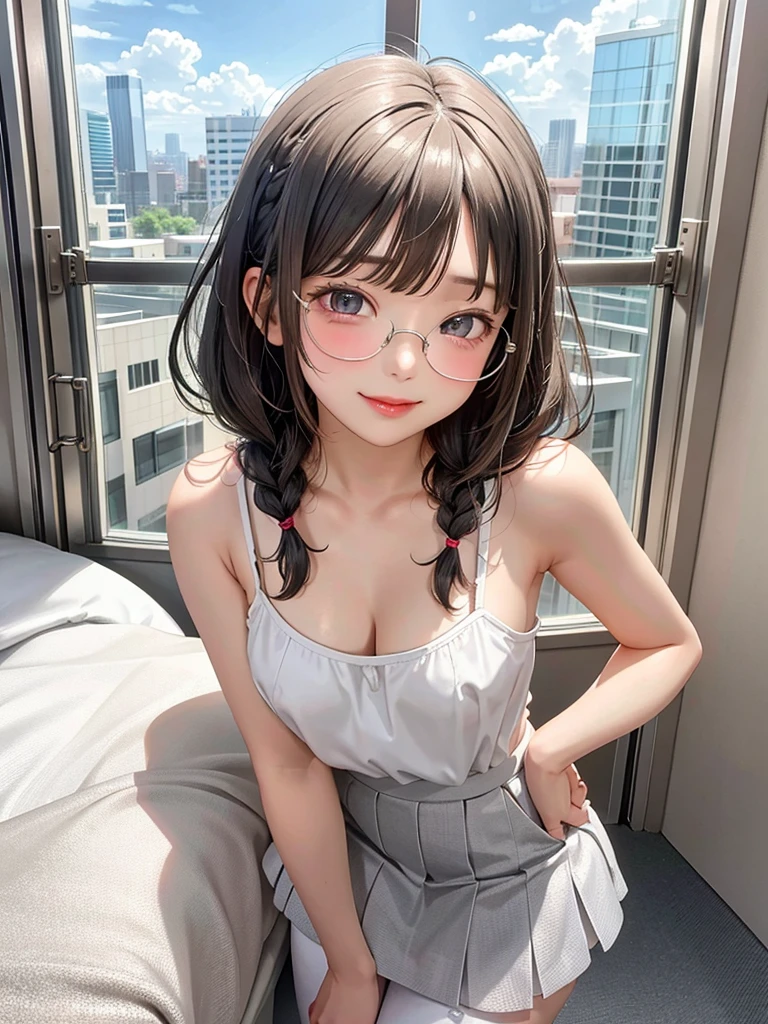 Highest quality, RAW Photos, Realistic, face, Incredibly beautiful girl, cute, Long Hair,ponytail,Glasses,Written boundary depth, High resolution, 超detailed, detailed, Very detaileded, extremely detaileded eye and face, Sharp pupils, Realistic students, Sharp focus, Cinema Lighting, flat breasts, small breasts, small,( small bust: 1.2), small bust, (slim, small, flat, small), thin, Delicate and sexy collarbone, (White shirt:1.2), (Lifting ワイシャツ to show off a small white bra:1.5))),((Whole Body Ezbian)),