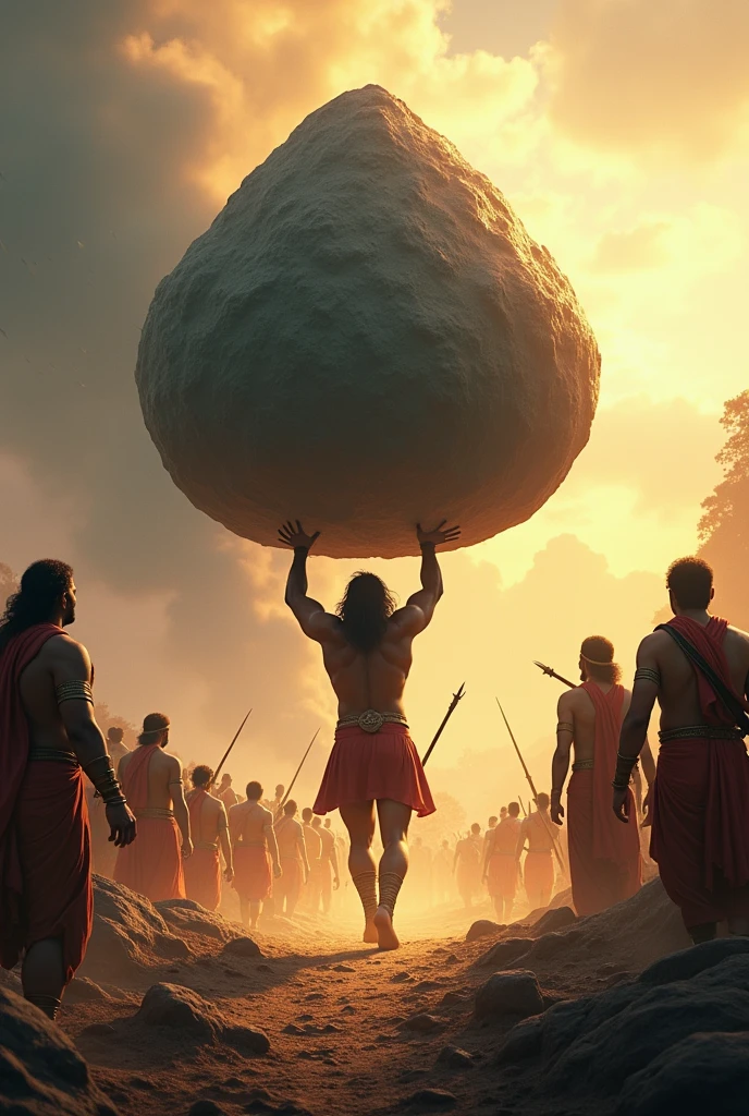 Hanuman Arriving with the Mountain: Show Hanuman arriving back at the battlefield with the mountain, where Lord Rama, Lakshman, and the other warriors await in anticipation. The scene should capture the relief and awe of the onlookers as Hanuman brings the life-saving herb to Lakshman.