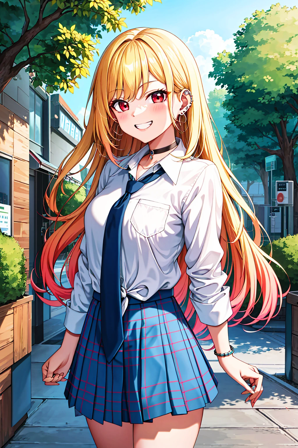 masterpiece, best quality, highres, kitagawa marin, 1girl, blonde hair, long hair, multicolored hair, red eyes, jewelry, earrings, piercing, school uniform, white shirt, tied shirt, black choker, blue necktie,((( blue plaid skirt))), leaning forward, grin, peace sign