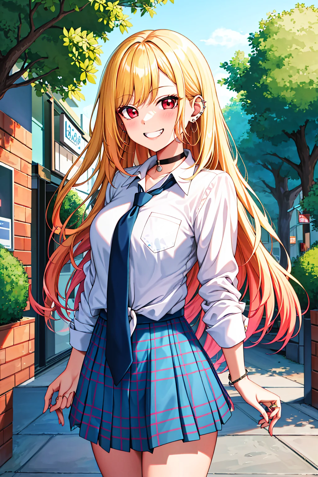 masterpiece, best quality, highres, kitagawa marin, 1girl, blonde hair, long hair, multicolored hair, red eyes, jewelry, earrings, piercing, school uniform, white shirt, tied shirt, black choker, blue necktie,((( blue plaid skirt))), leaning forward, grin, peace sign