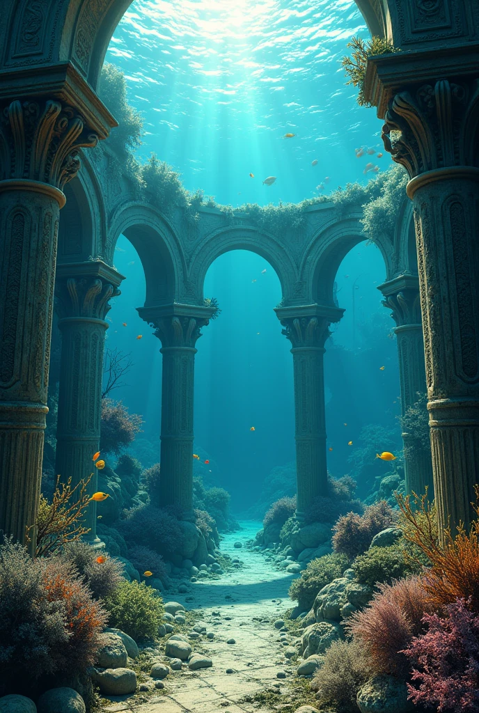 3D view, Atlantis, underwater world, damaged ancient European buildings