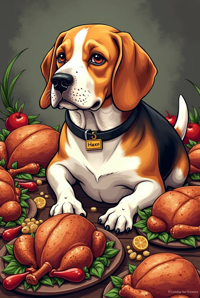Un vieux gros beagle qui est entouré de nourriture (poulets cuits, steaks, etc) . Avec un collier écrit haxo. En version manga.